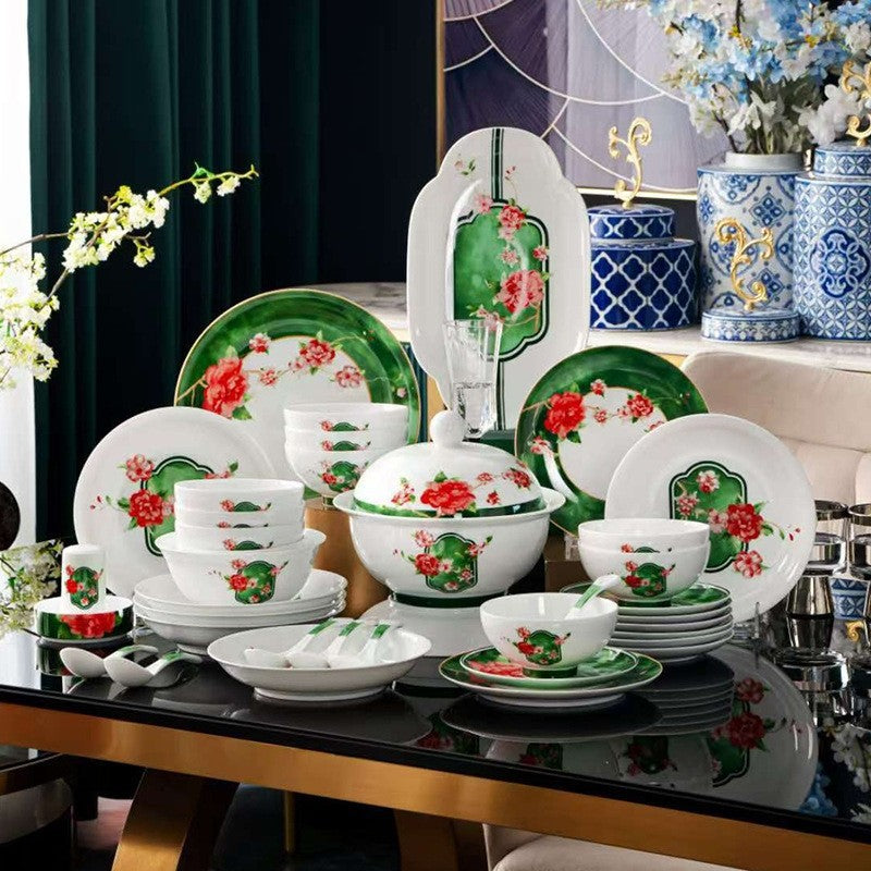 Manyuan Chunse green floral high-white jade porcelain 58-piece dinnerware set