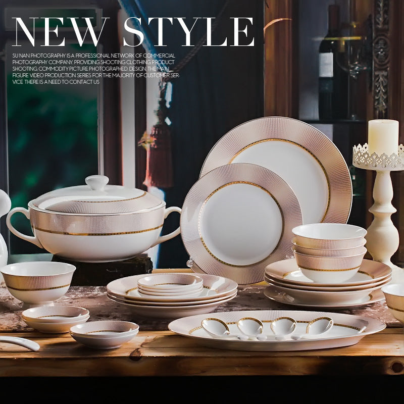 Mingyue Xingxi 58-piece blush pink and white bone china dinnerware set with gold-tone trim, tureen, fish platter, bowls and plates