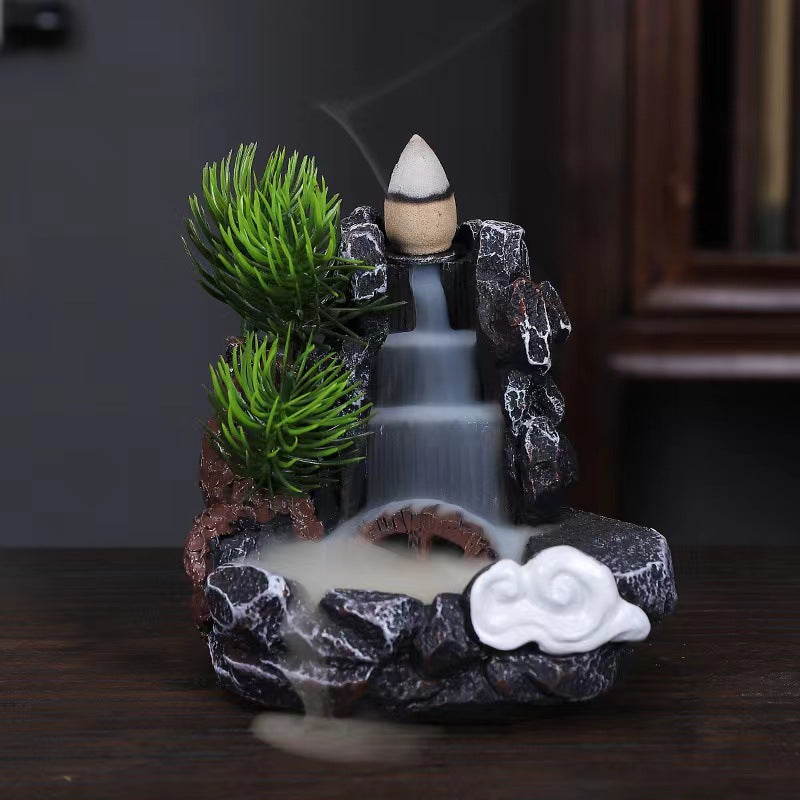 Mini mountain waterfall backflow incense burner with pine tree and pagoda