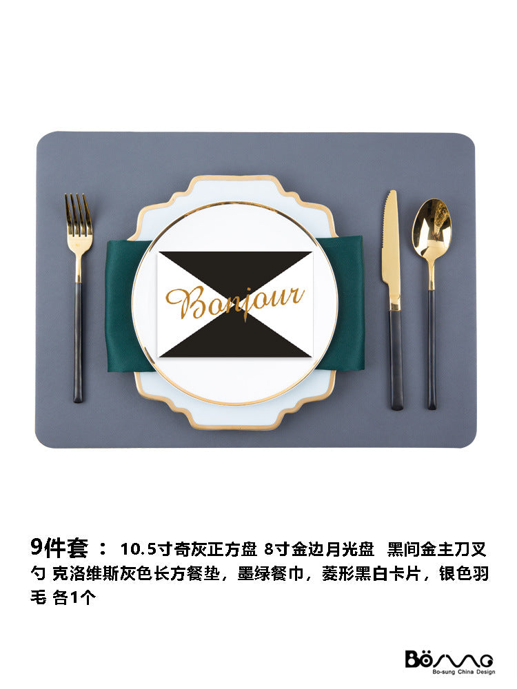Nine-piece mist blue and gold table setting with square plate, round plate, three-piece flatware, placemat, napkin and decorative accents