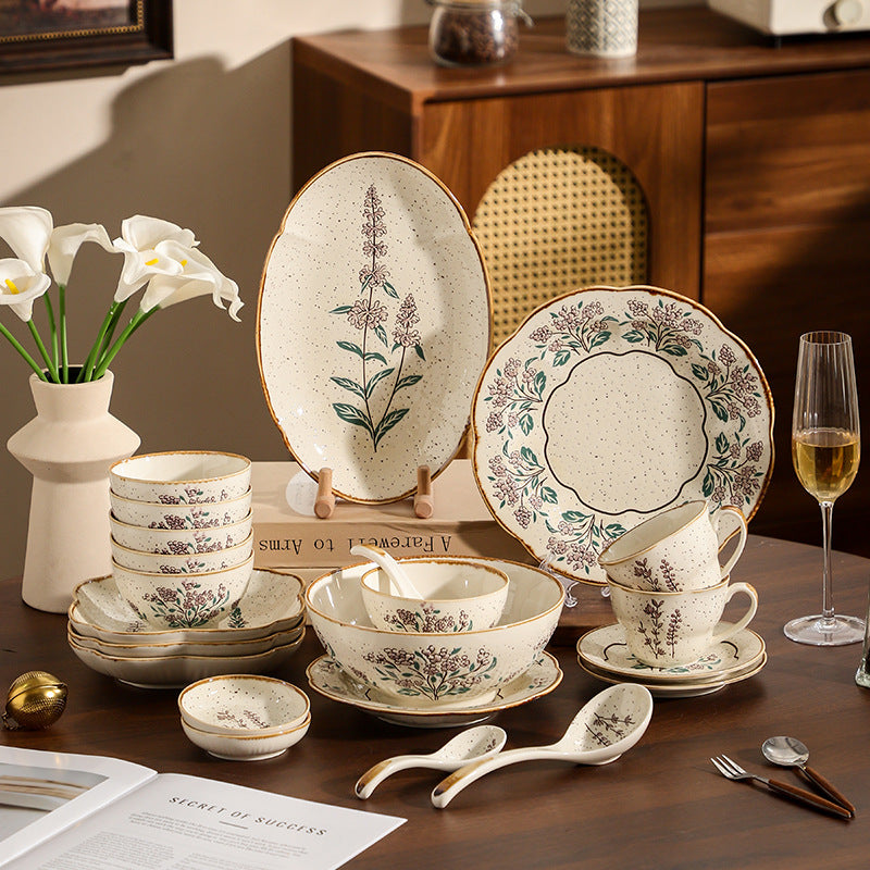 Mo Ran Hua Shi vintage botanical speckled ceramic tableware with floral bowls plates cups spoons and serving platter