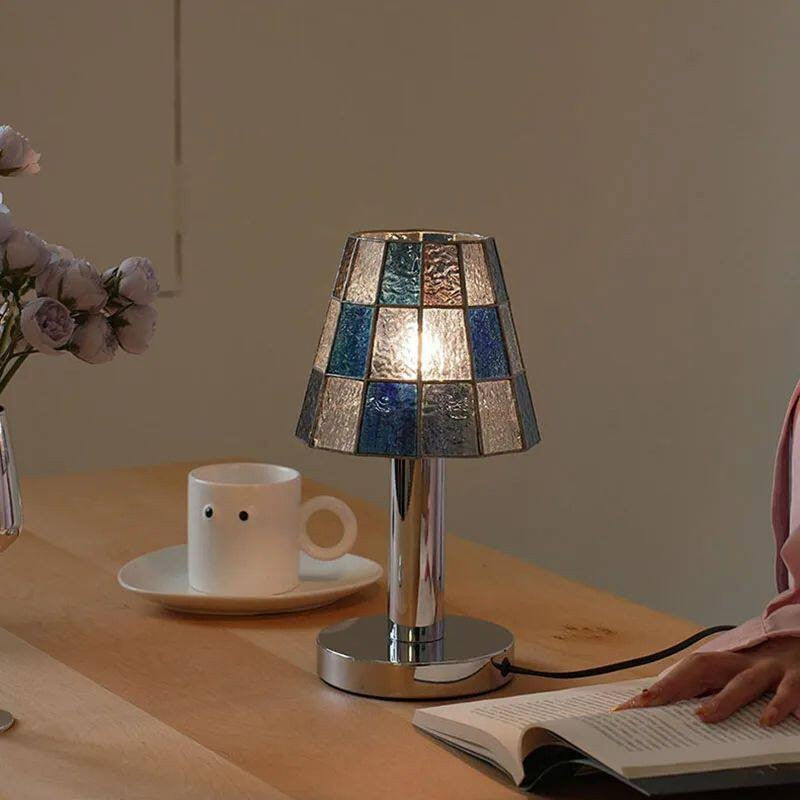 Blue stained glass mosaic table lamp with polished chrome base