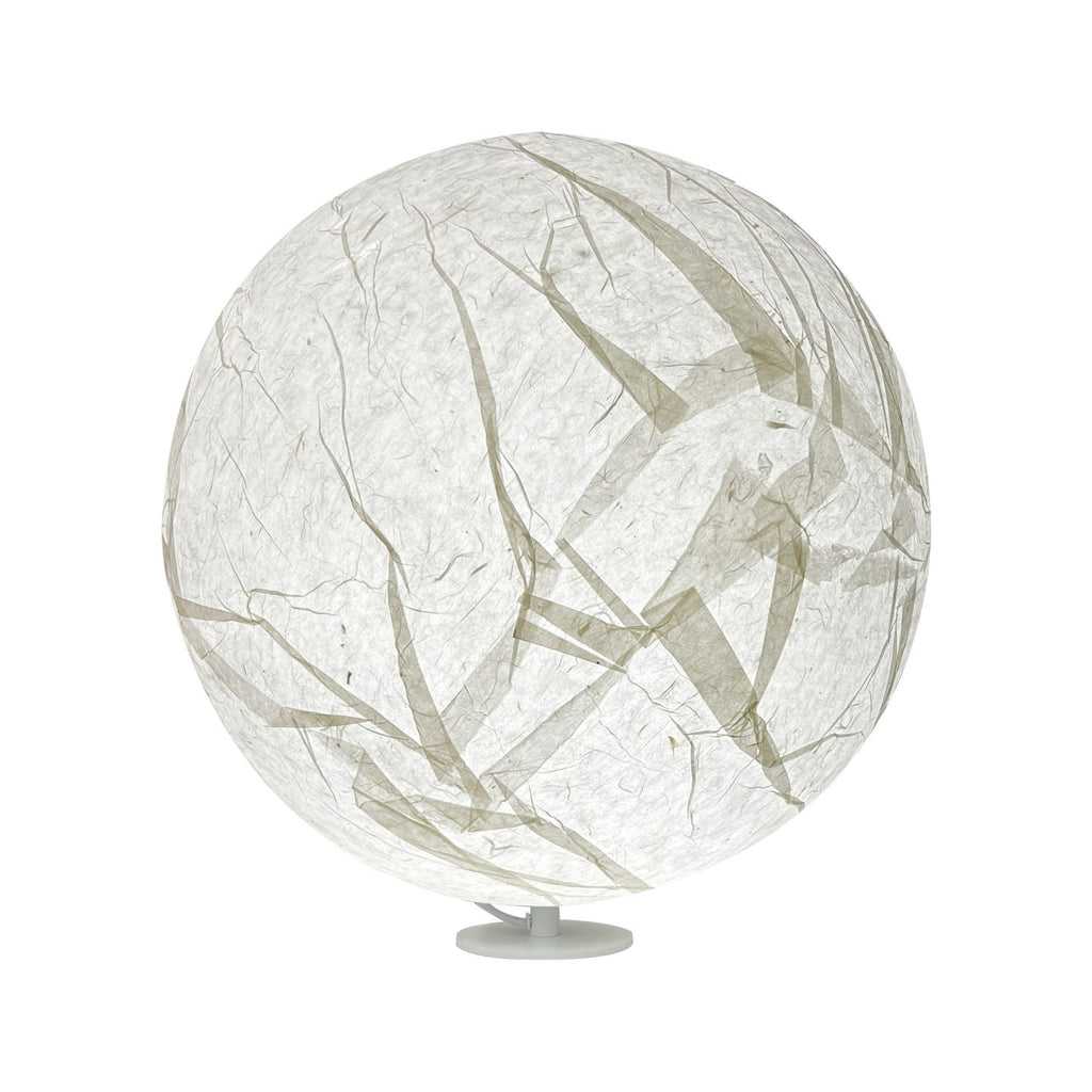 Luminous white moon sphere table lamp with layered paper texture and leaf-like inclusions