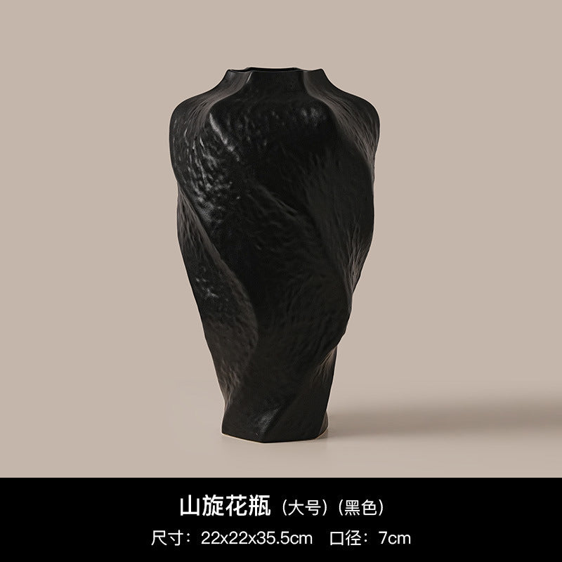 Black large mountain spiral textured ceramic vase, 35.5 cm