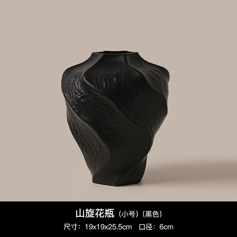 Black small mountain spiral textured ceramic vase, 25.5 cm