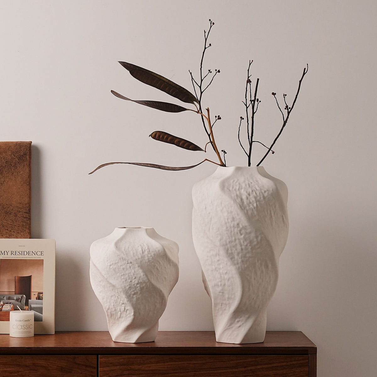 Small and large white mountain spiral ceramic vase pair