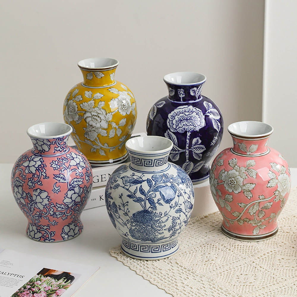 Multicolor Chinoiserie ceramic vase collection in yellow, indigo, pink and blue and white
