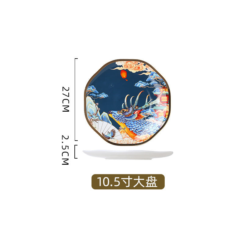 10.5 inch navy bone china dinner plate with Chinese mythical beast and palace motif