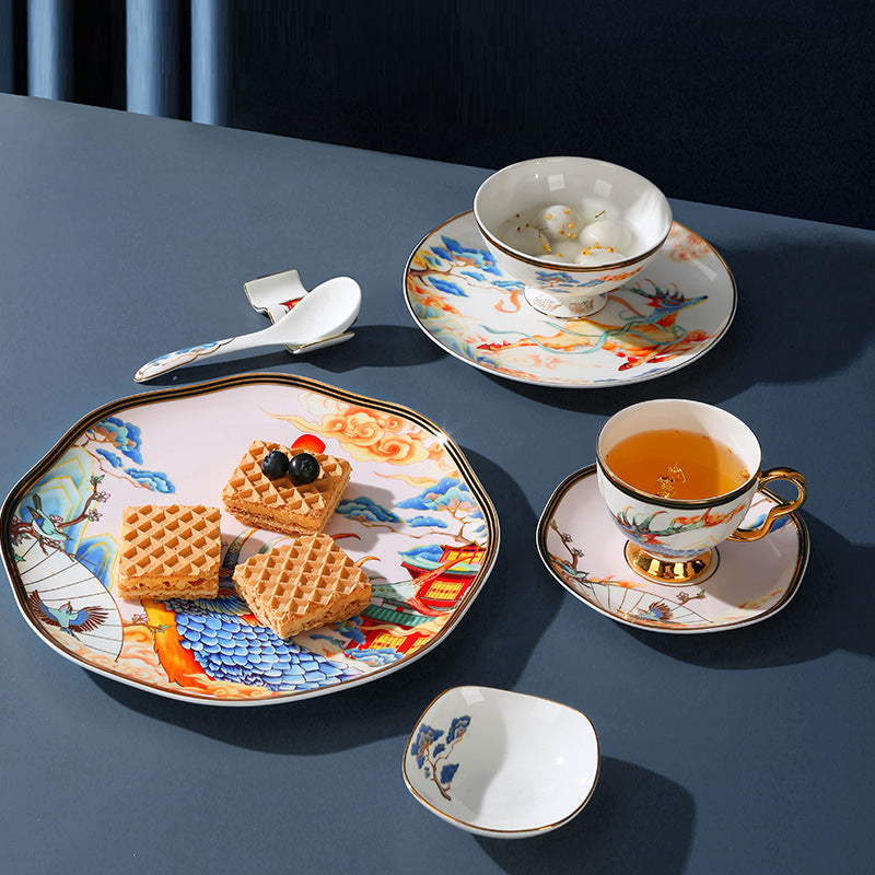 Styled Chinese mythical beast bone china table setting with plates bowl cup and spoon