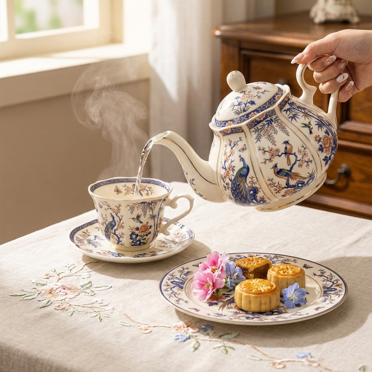 Chinoiserie Birds New Bone China afternoon tea gift set with bird motif teapot, cup and saucer, and dessert plate
