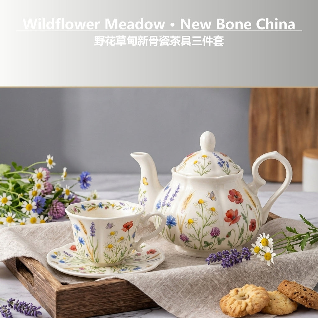 Wildflower Meadow New Bone China afternoon tea gift set with floral teapot, cup and saucer