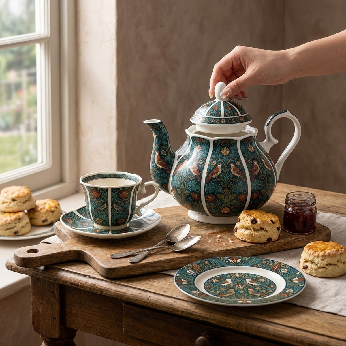 William Morris-inspired New Bone China afternoon tea gift set with dark green botanical teapot, cup and saucer, and dessert plate