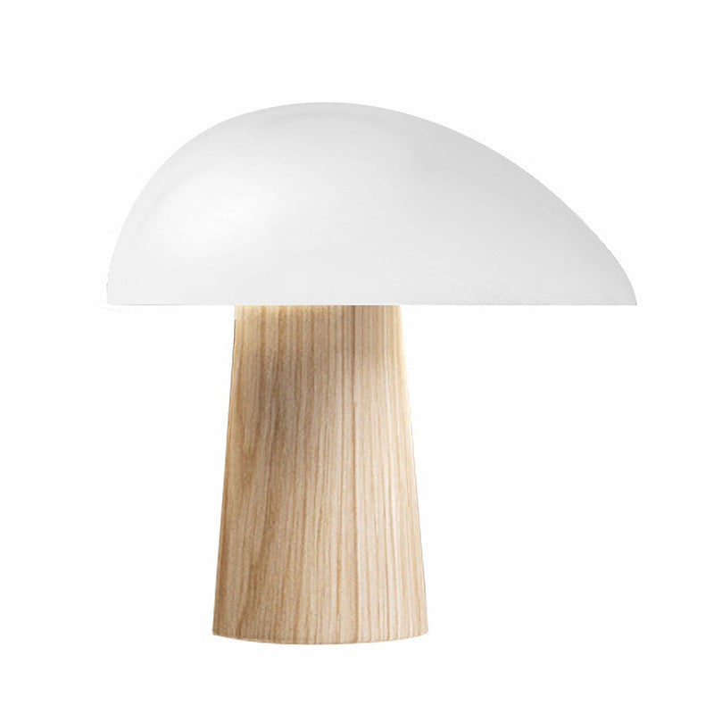 White Nordic mushroom table lamp with tapered natural wood-look base