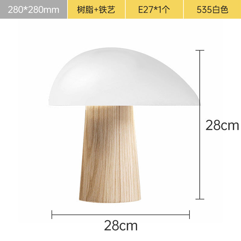 White mushroom table lamp with wood-look base, approximately 28 cm wide and 28 cm high