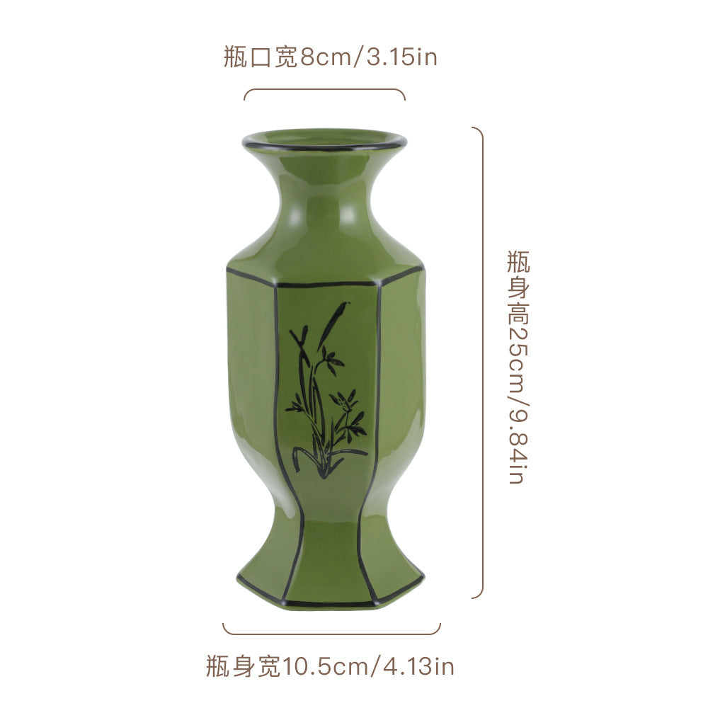Olive green faceted bamboo motif vase, 10.5 cm wide and 25 cm high