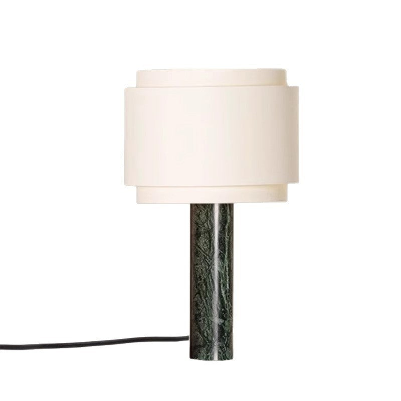 Tall olive green marble column table lamp with cream drum fabric shade