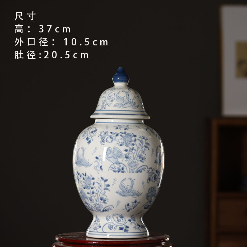 Pale blue and white bird and flower lidded jar, 37 cm high