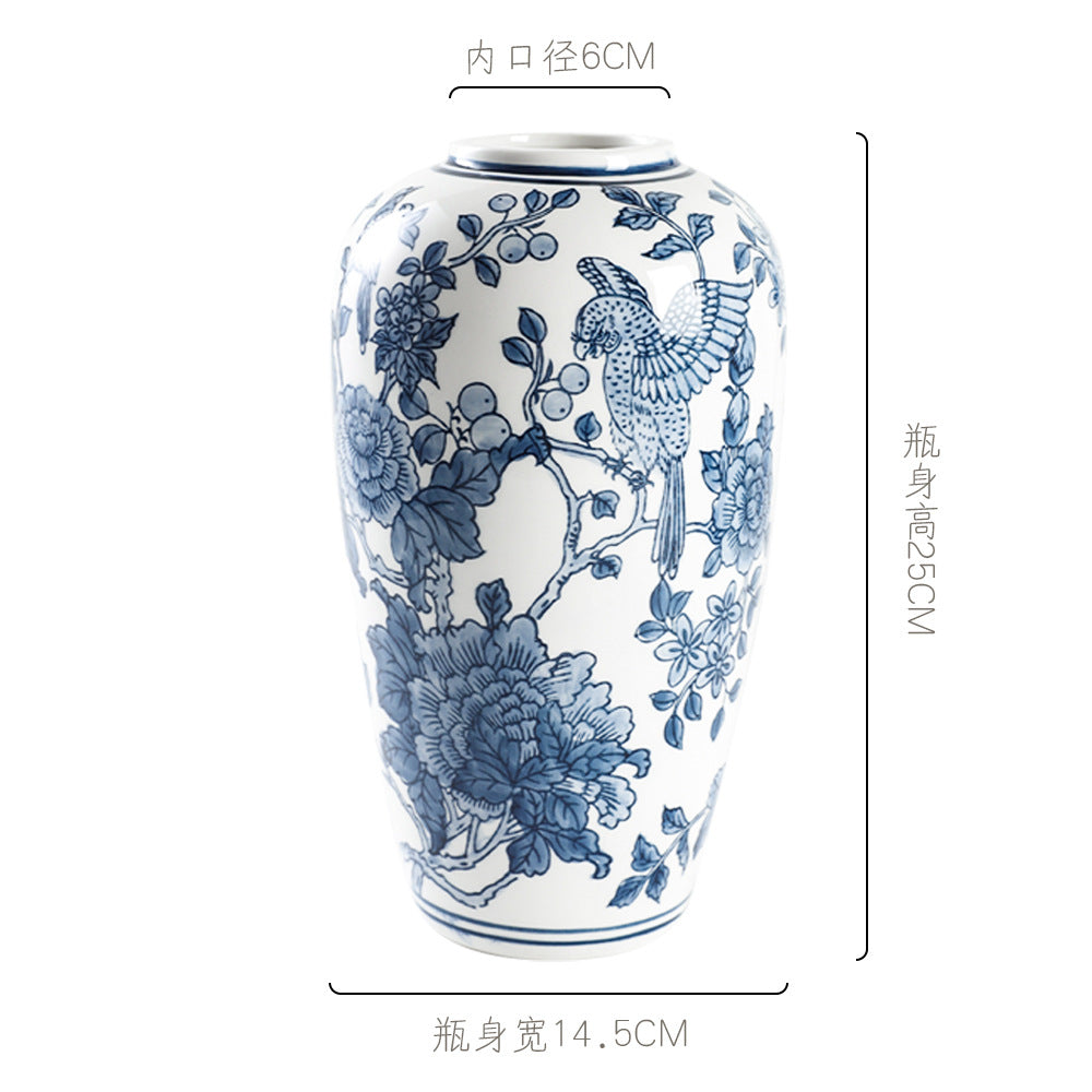 Blue and white parrot and peony Beauty Vase, 25 cm