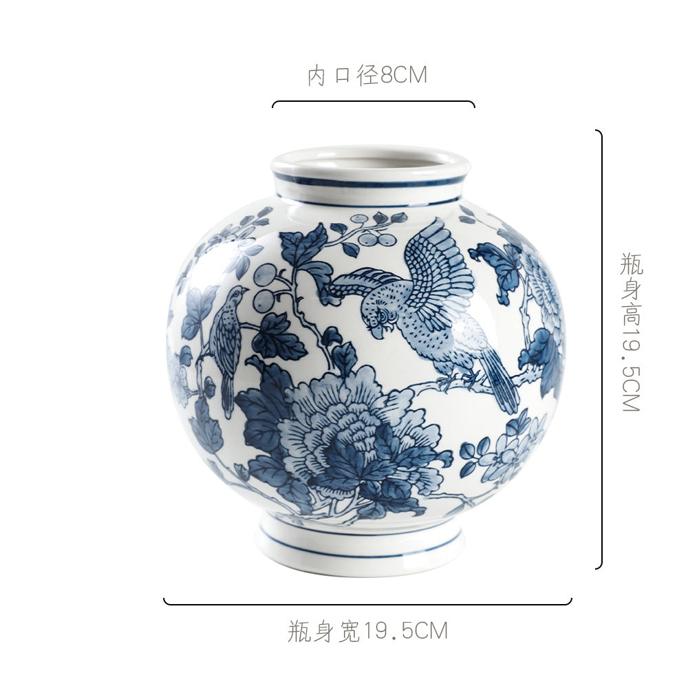 Blue and white parrot and peony moon jar, 19.5 cm