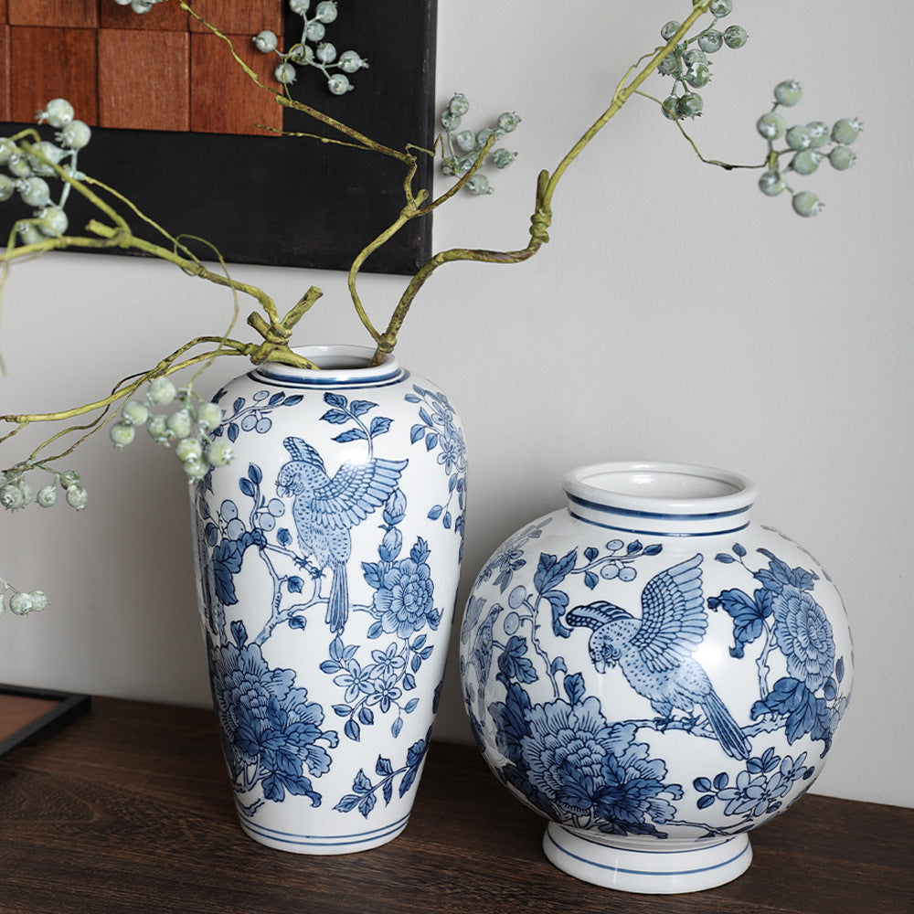 Blue and white Beauty Vase and Moon Jar styled with green branches