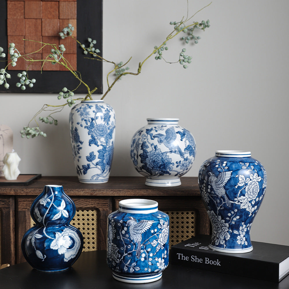 Blue and white parrot and peony Chinese vase collection styled with branches