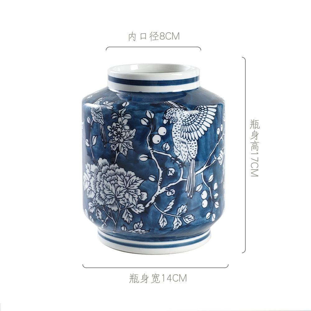 Full cobalt parrot and peony Fu canister vase, 17 cm