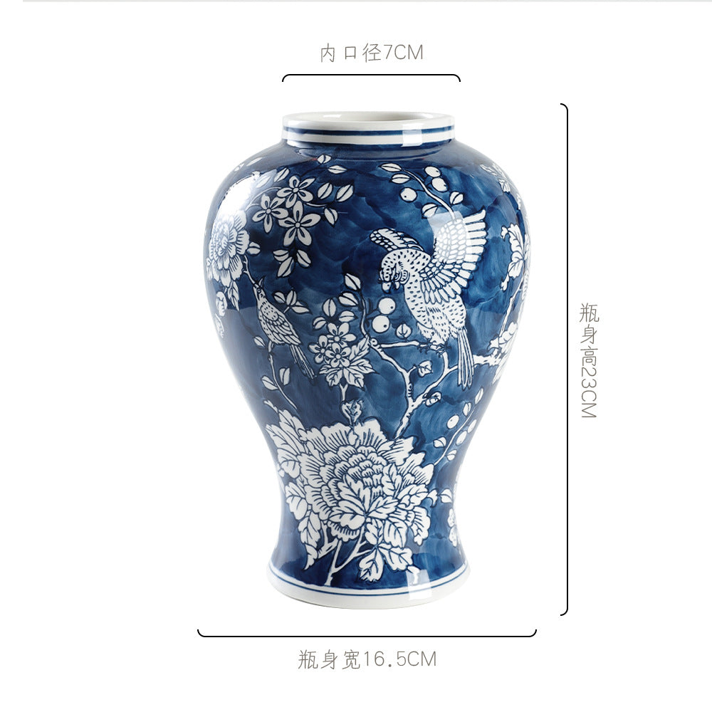 Full cobalt parrot and peony General Jar, 23 cm