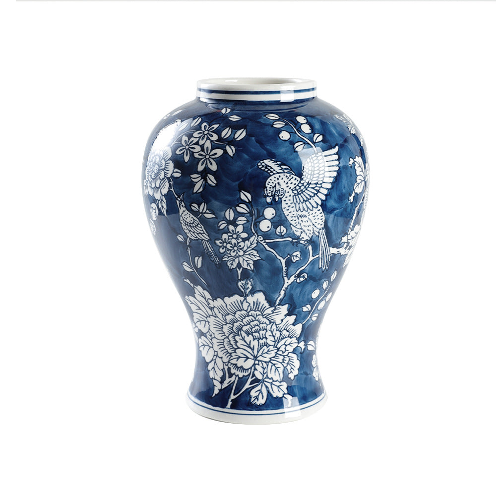 Full cobalt parrot and peony General Jar in Chinese ceramic style