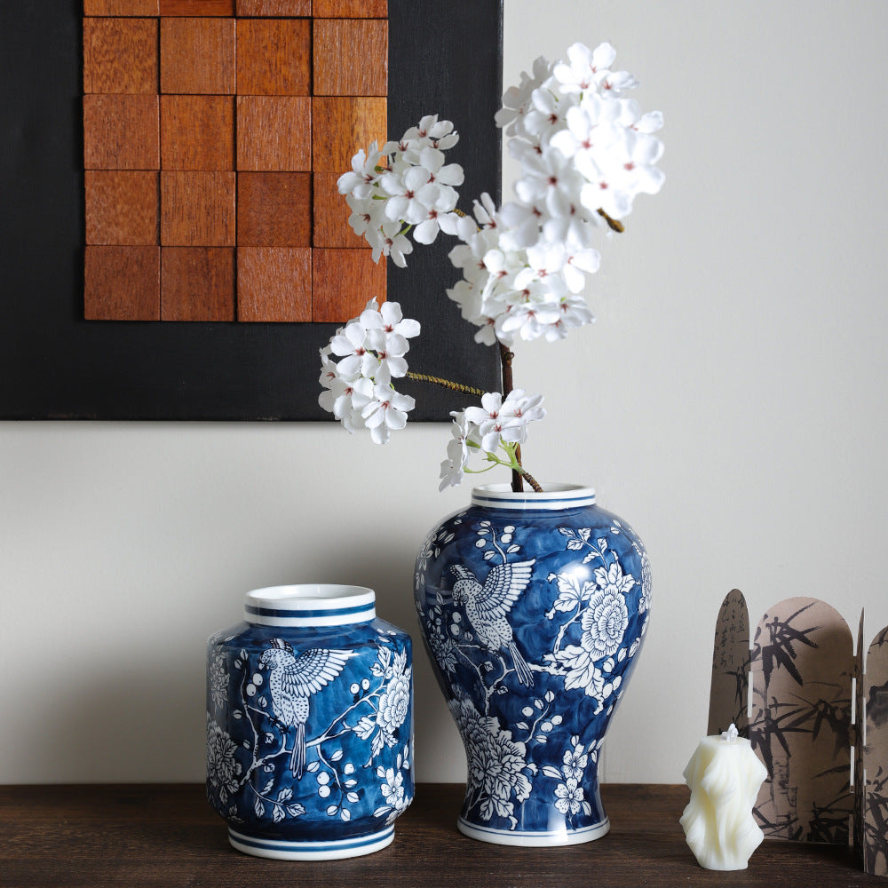 Full cobalt parrot and peony Fu canister and General Jar styled together