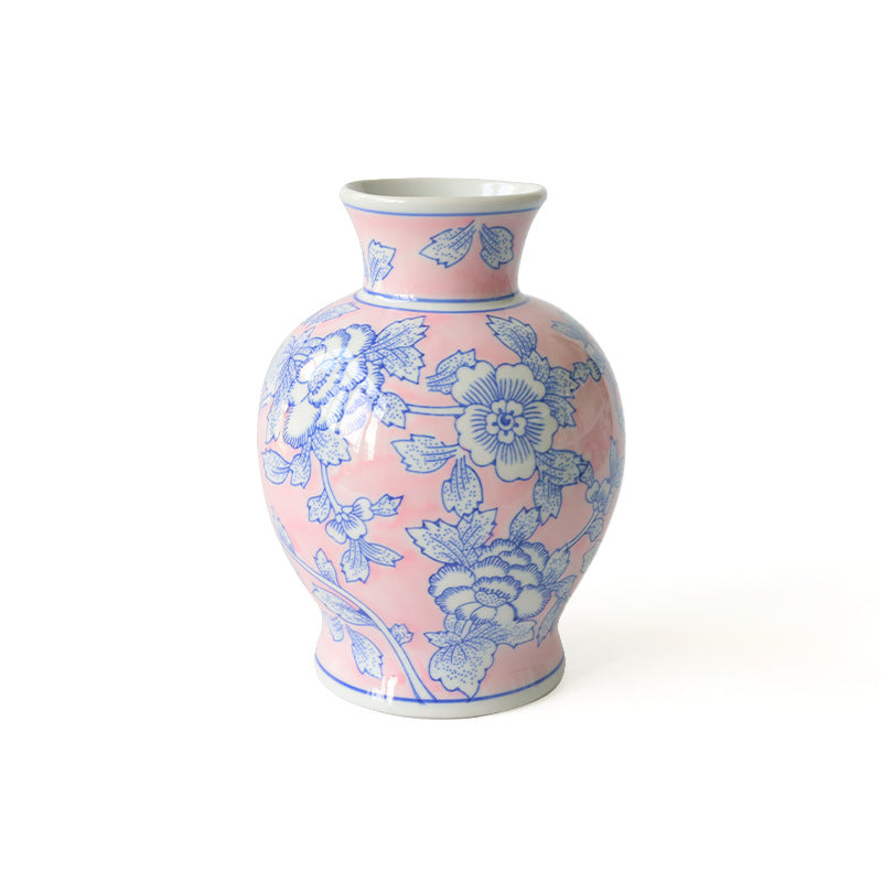 Blush pink and blue floral Chinoiserie ceramic vase, 23 cm high