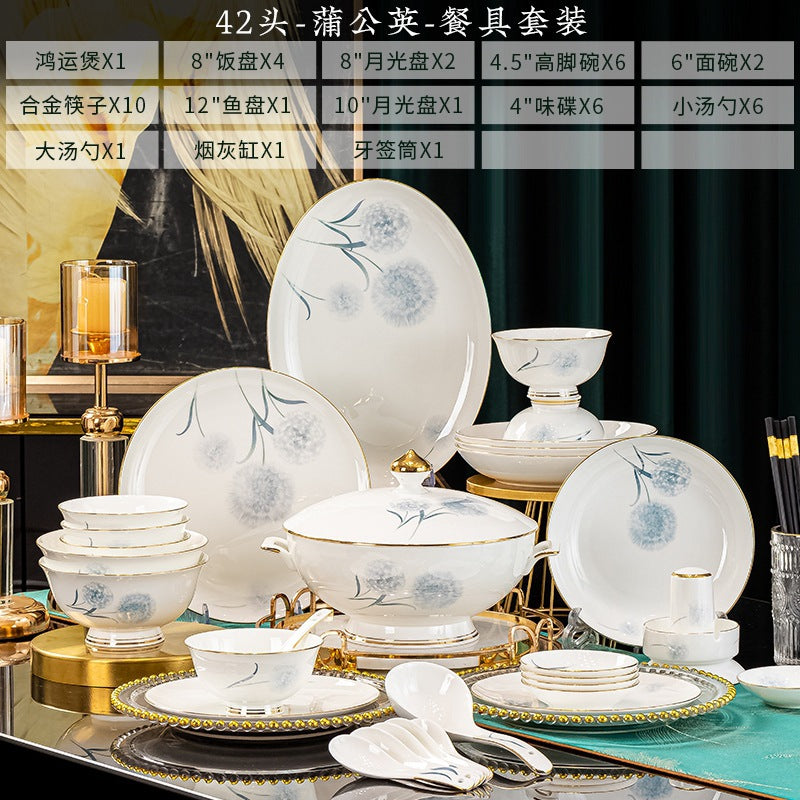 Pu Gong Ying blue dandelion bone china 42-piece dinnerware set composition