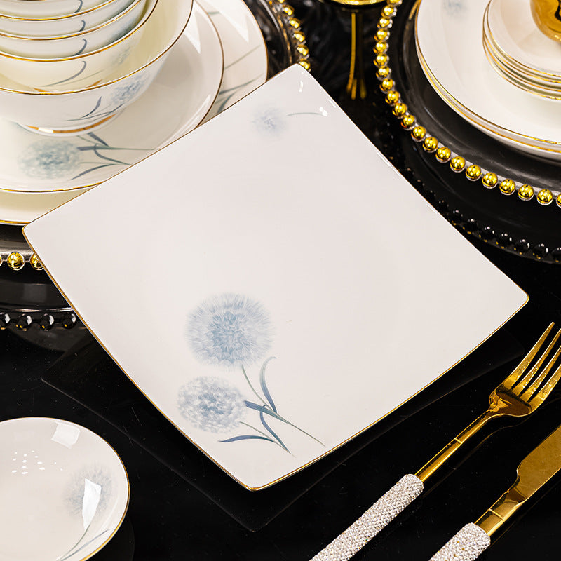 Pu Gong Ying blue dandelion bone china square serving platter with gold-toned rim