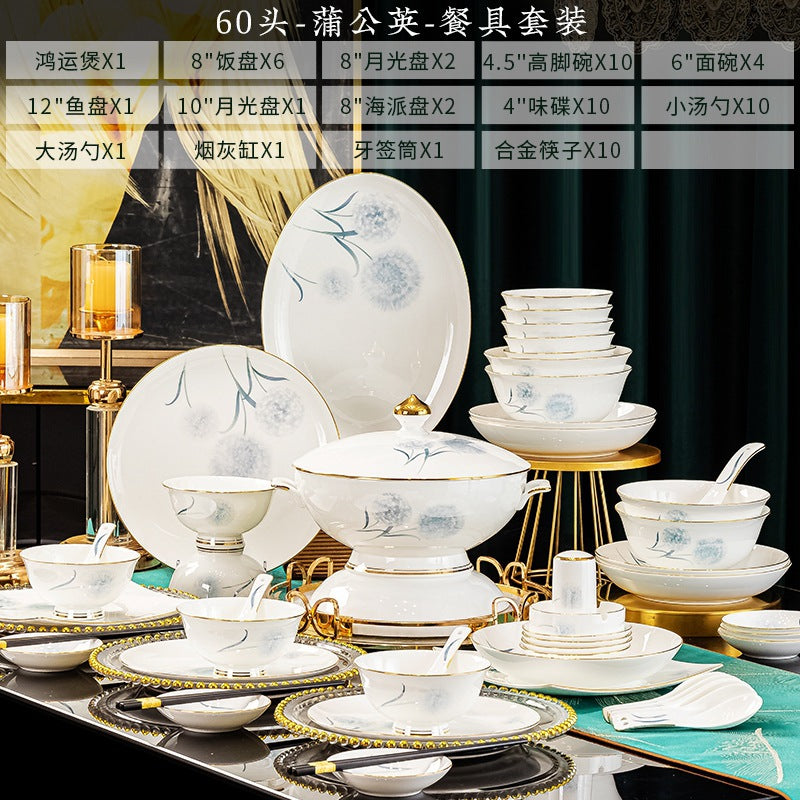 Pu Gong Ying blue dandelion bone china 60-piece dinnerware set composition