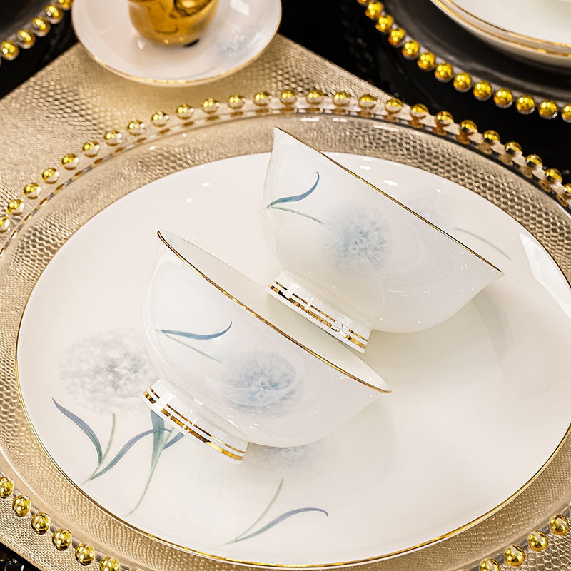 Pu Gong Ying blue dandelion bone china bowls and plates place setting detail