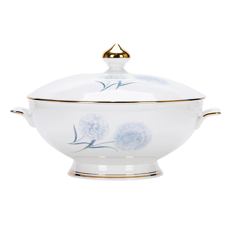 Pu Gong Ying blue dandelion bone china covered serving casserole on white background