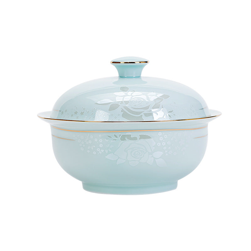 Qing Ci Fan Hua pale celadon high-white porcelain covered serving casserole