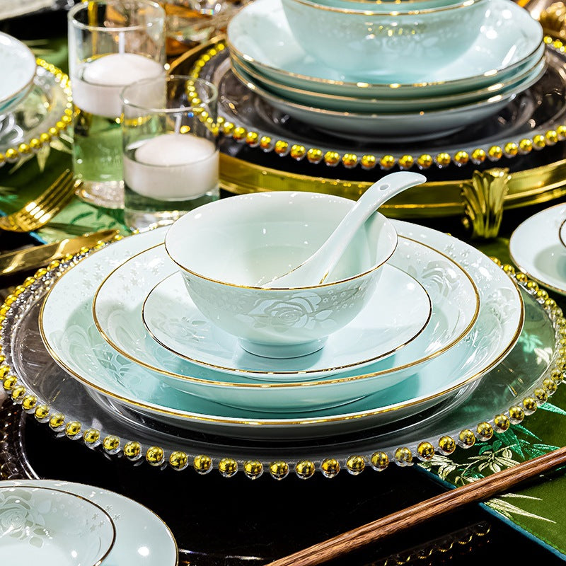 Qing Ci Fan Hua pale celadon porcelain bowl plate and spoon place setting