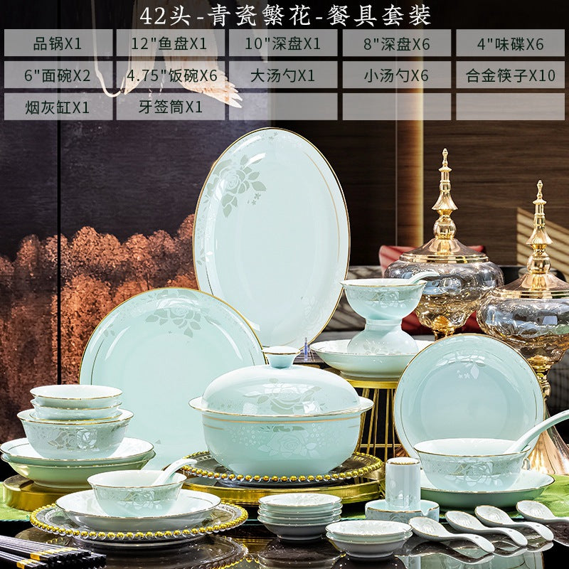 Qing Ci Fan Hua 42-piece pale celadon high-white porcelain dinnerware set composition