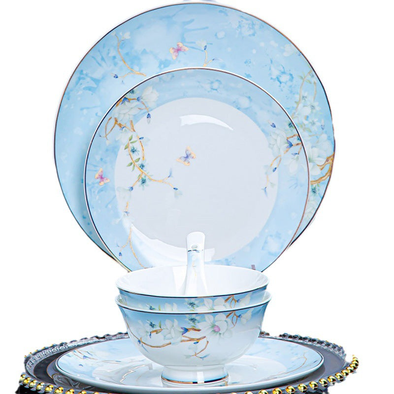 Qingmeng pale blue blossom bone china place setting with plates bowl and spoon
