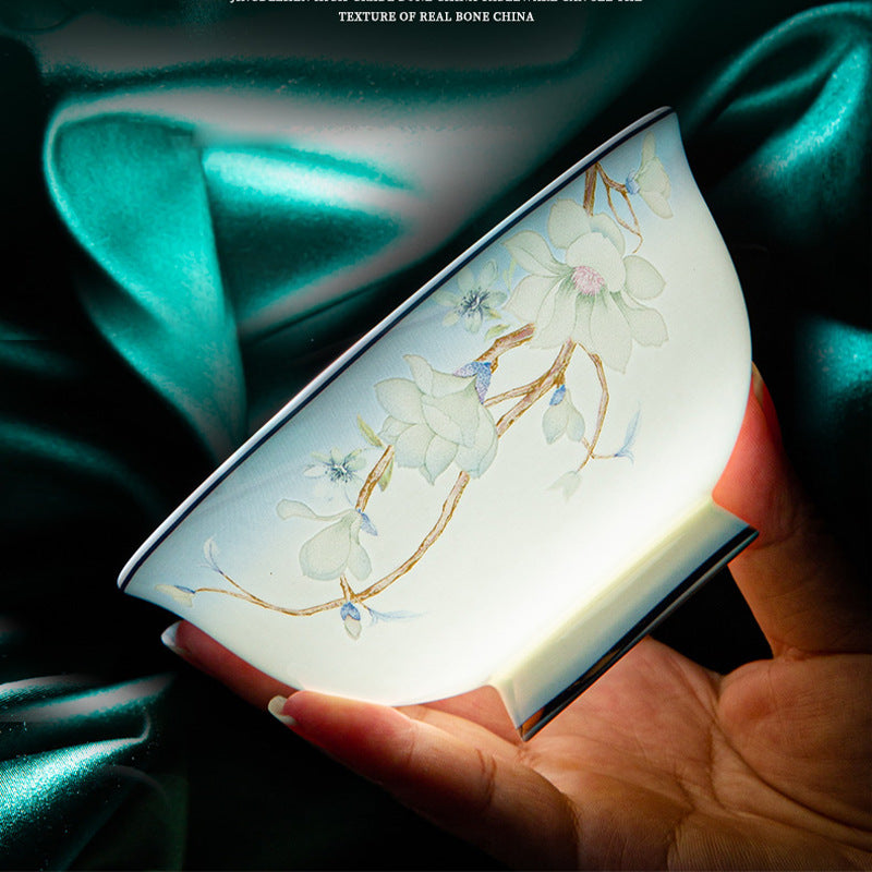 Qingmeng bone china bowl detail with delicate blue floral branch pattern