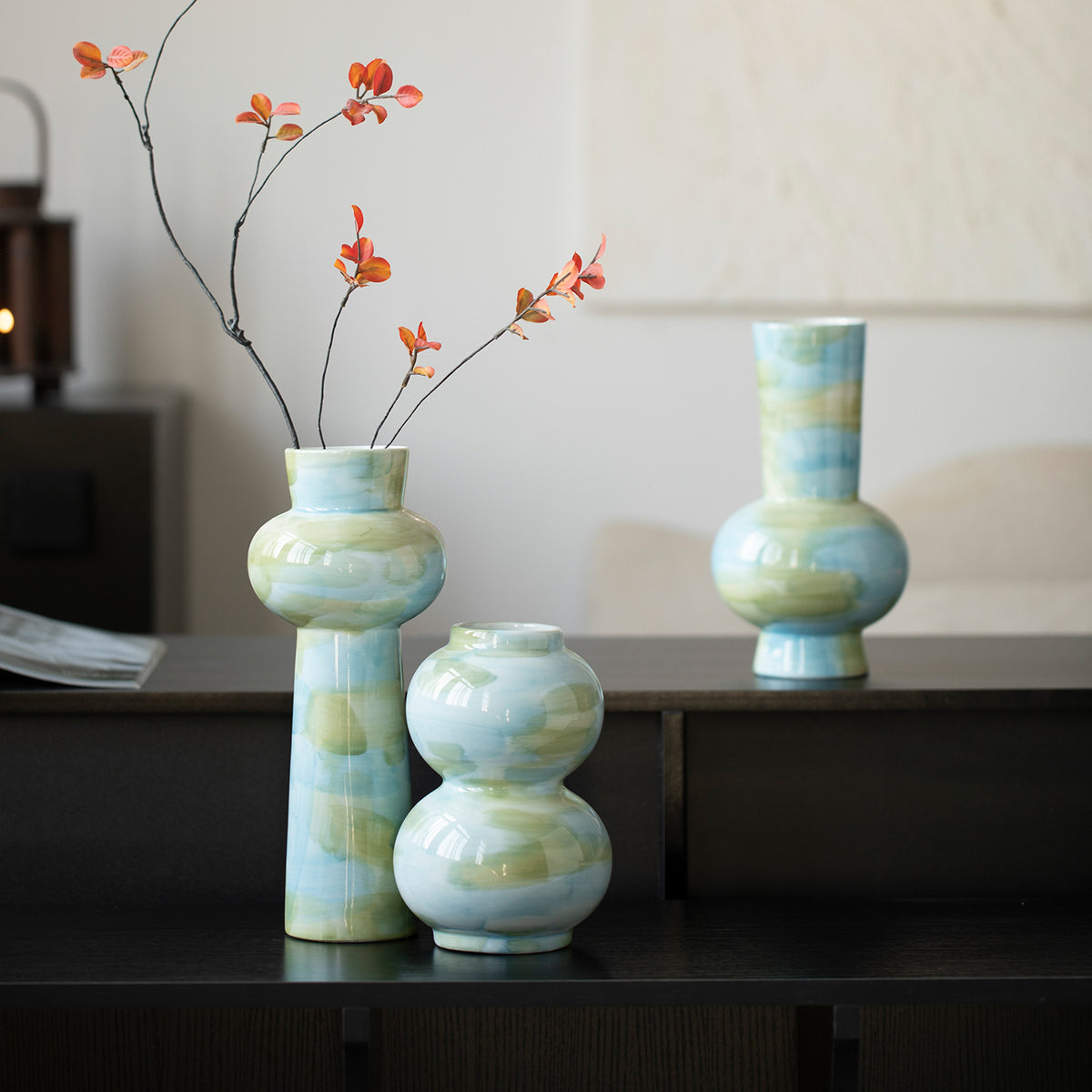 Qingxi celadon blue-green ceramic vase collection styled with branches