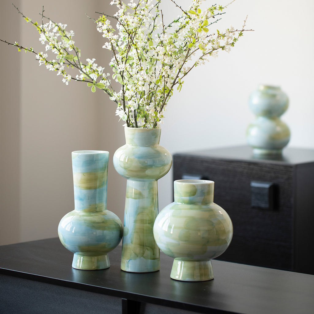 Qingxi celadon blue-green ceramic vase collection styled on dark wood