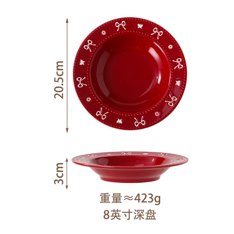 Red bow ceramic 8-inch deep plate measuring approximately 20.5 cm diameter and 3 cm high