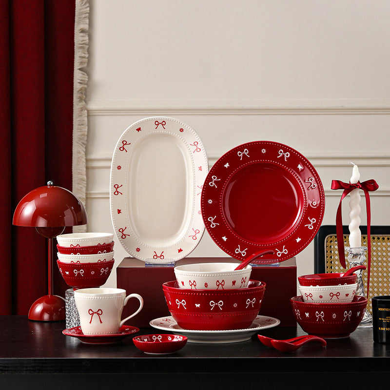 Red and ivory bow-knot underglaze ceramic tableware collection with bowls plates cup and serving pieces