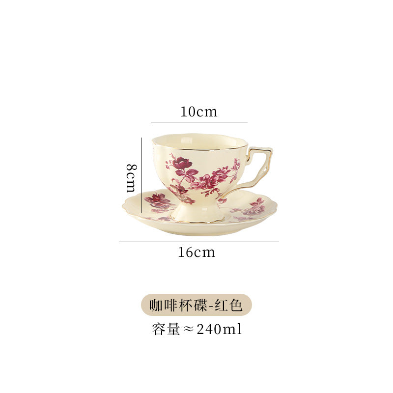 Red floral ceramic cup and saucer approximately 240 ml with gold trim