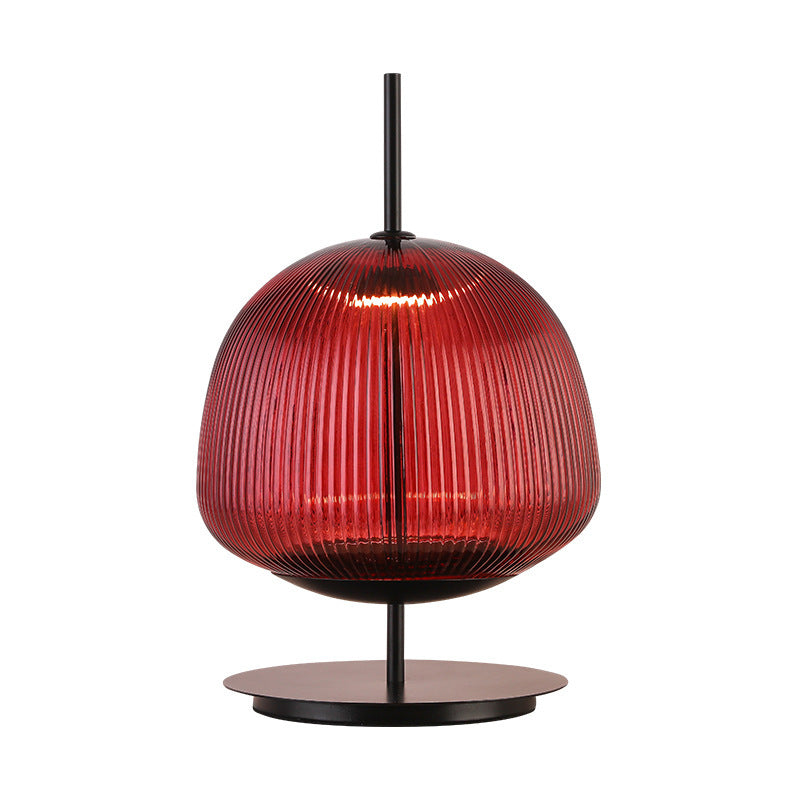 Red ribbed glass designer table lamp with warm LED light