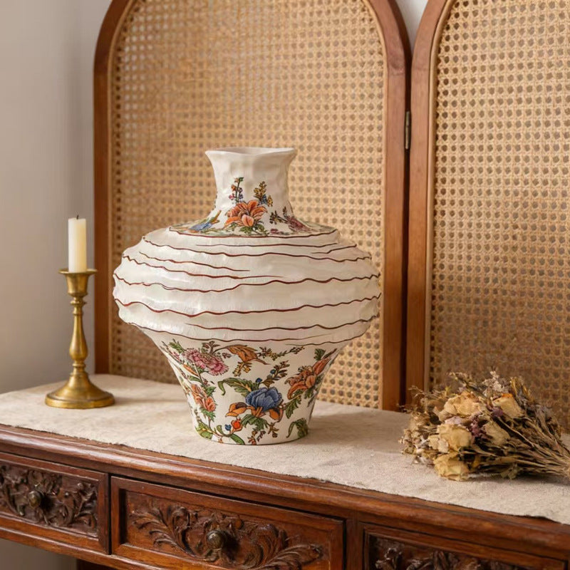 Botanical Garden ruffled Chinese ceramic vase with polychrome flowers