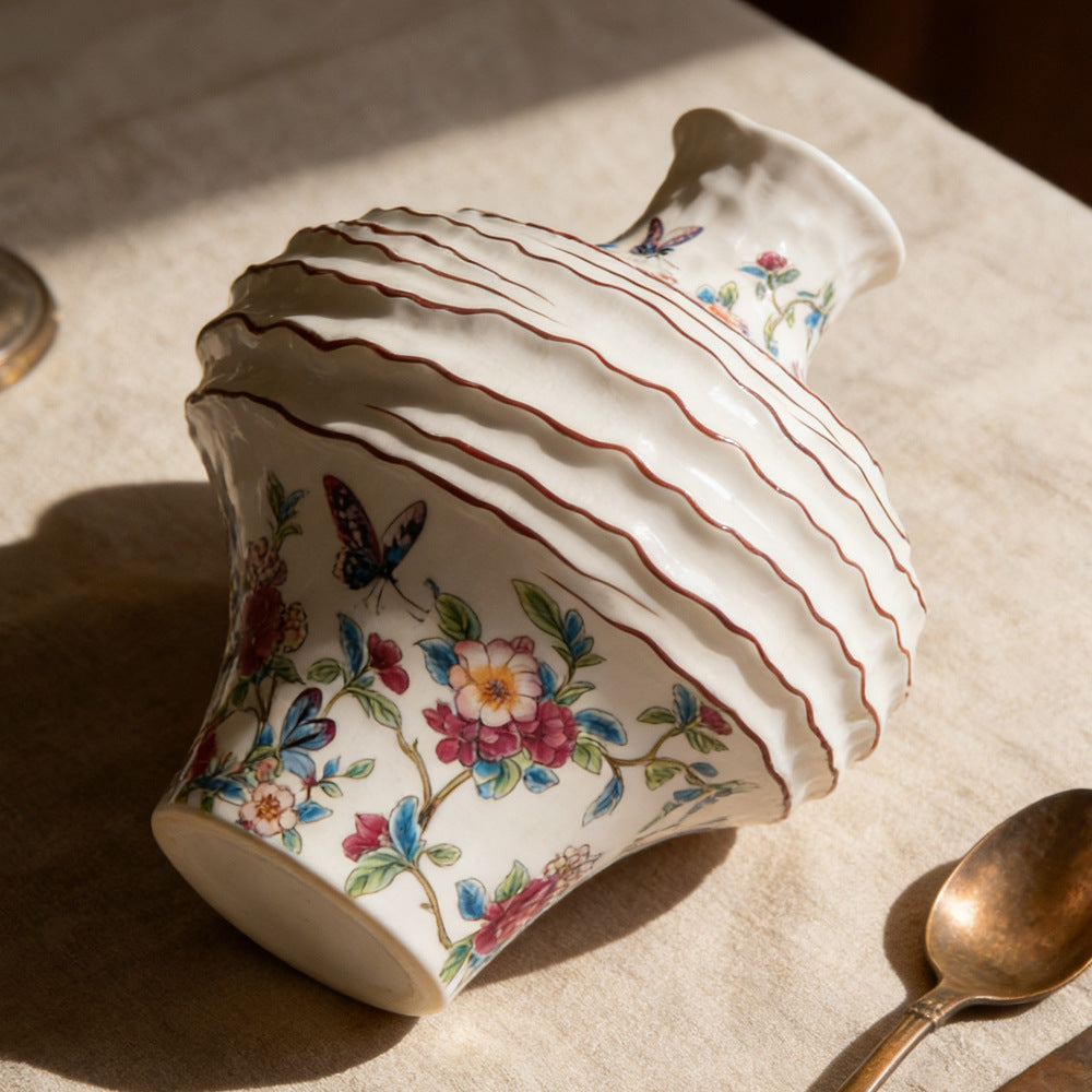 Butterfly Garden floral ceramic vase with sculptural ripple shoulder detail