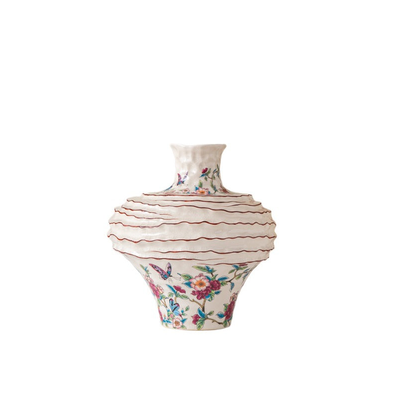 Butterfly Garden ruffled Chinese ceramic vase front view