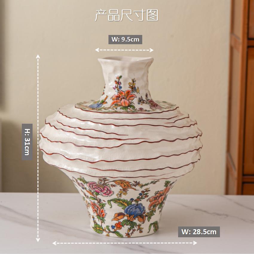 Ruffled Chinoiserie ceramic vase with Butterfly Garden pattern, 31 x 28.5 cm